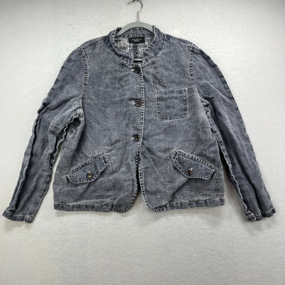 Talbots‎ Linen Jacket Womens Blue Denim Look Band Collar Casual Coastal Chore